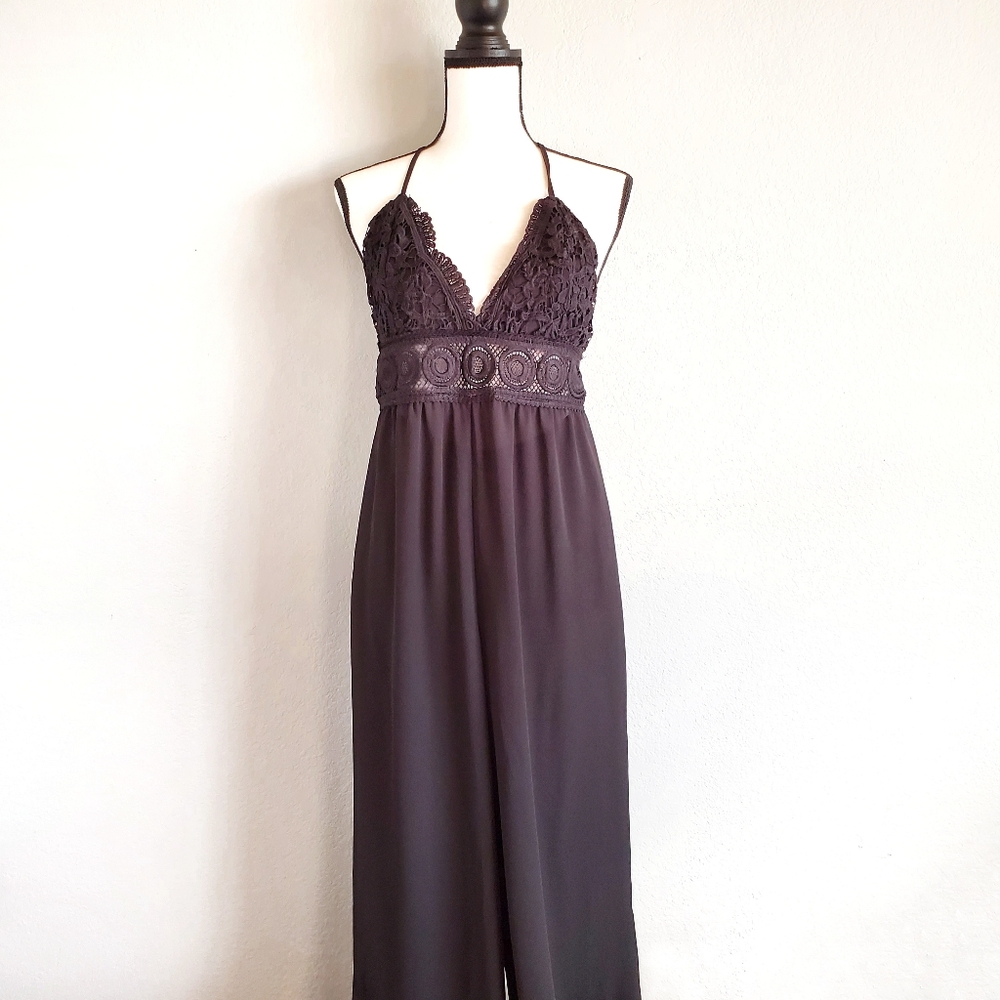 Blashe Crochet Wide Leg Jumpsuit Black Lace Sz Small Criss Cross Open Back